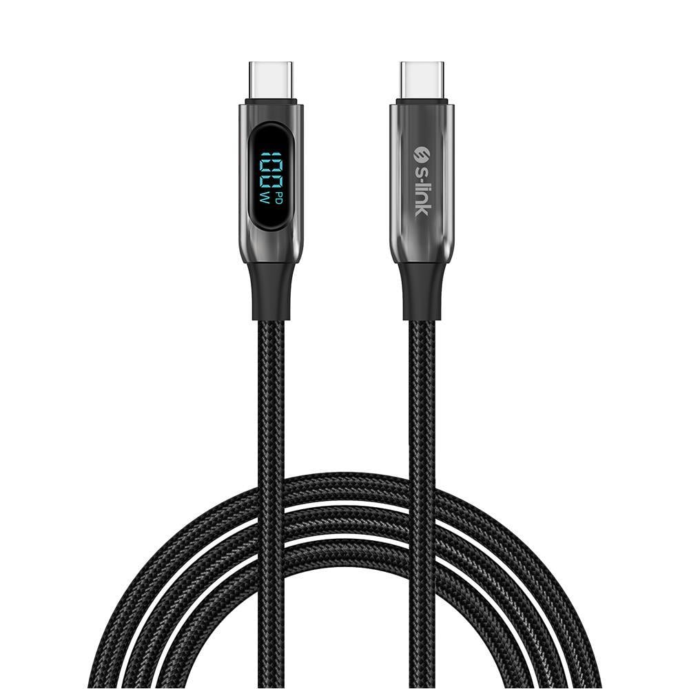 S-link Armor LED LCC-0100 100W 1m Type-C to Type-C PD Örgülü LED Başlıklı Siyah Hızlı Şarj Kablosu