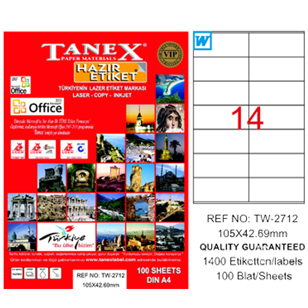 Tanex Laser Etiket 100 YP 105x42.69 Laser-Copy-Inkjet TW-2712