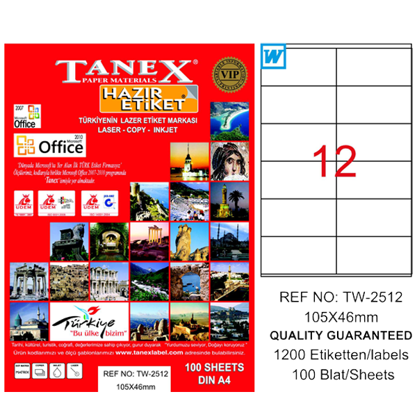 Tanex Laser Etiket 100 YP 105x46 Laser-Copy-Inkjet TW-2512