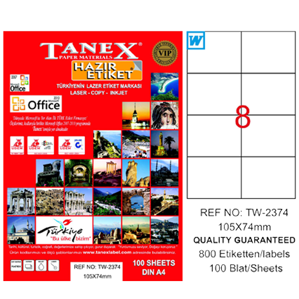 Tanex Laser Etiket 100 YP 105x74.25 Laser-Copy-Inkjet TW-2374