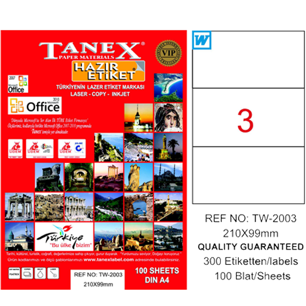 Tanex Laser Etiket 100 YP 210x99 Laser-Copy-Inkjet TW-2003