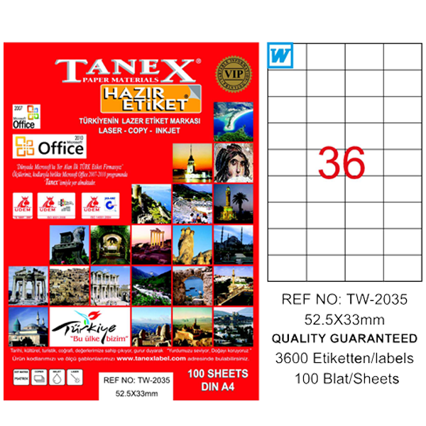 Tanex Laser Etiket 100 YP 52.5x33 Laser-Copy-Inkjet TW-2035