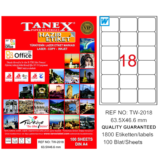 Tanex Laser Etiket 100 YP 63.5x46.6 Laser-Copy-Inkjet TW-2018