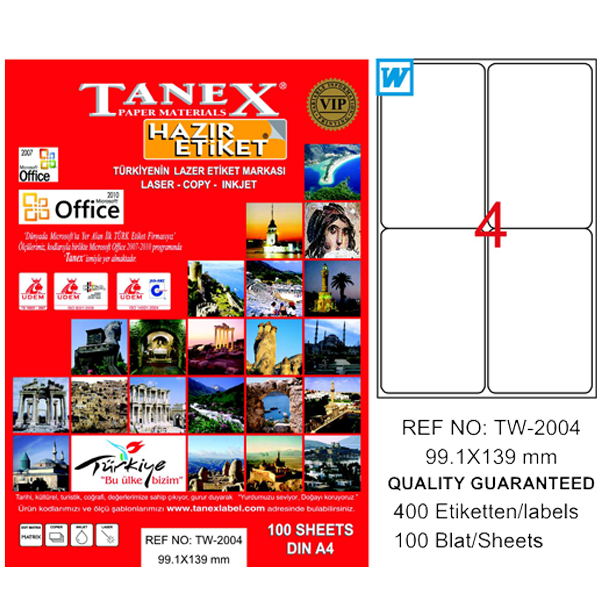 Tanex Laser Etiket 100 YP 99.1x139 Laser-Copy-Inkjet TW-2004