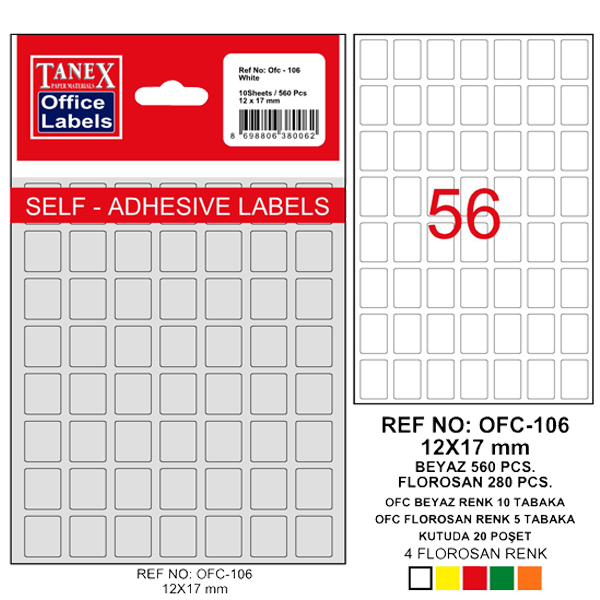 Tanex Ofis Etiketi Poşetli 12x17 MM Beyaz OFC-106