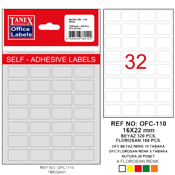 Tanex Ofis Etiketi Poşetli 16x22 MM Beyaz OFC-110