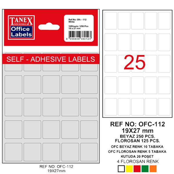 Tanex Ofis Etiketi Poşetli 19x27 MM Beyaz OFC-112