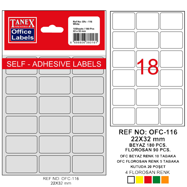 Tanex Ofis Etiketi Poşetli 22x32 MM Beyaz OFC-116