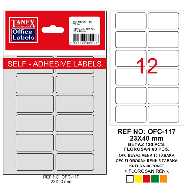 Tanex Ofis Etiketi Poşetli 23x40 MM Beyaz OFC-117