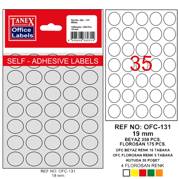 Tanex Ofis Etiketi Poşetli Yuvarlak 19 MM Beyaz OFC-131