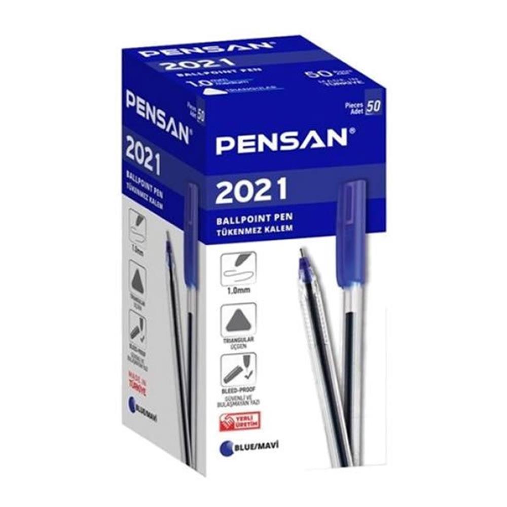 Pensan 2021 50 li Üçgen Gövdeli Şeffaf Mavi Tükenmez Kalem