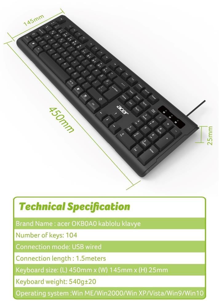 Acer OAK-0A0  Siyah Kablolu Sessiz Tuşlu  Klavye (Caps Lock) (Kablo Uzunluğu 1.50Cm) Caps Lock