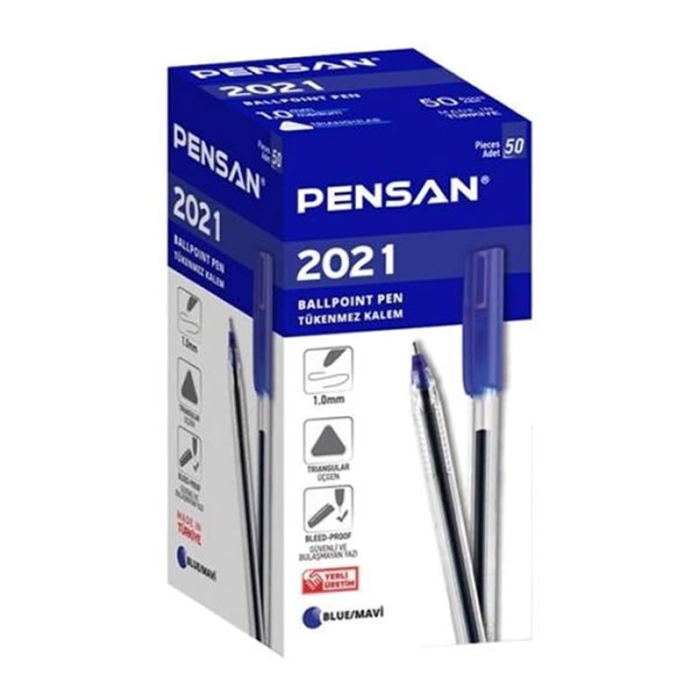 Pensan 2021 50 li Üçgen Gövdeli Şeffaf Mavi Tükenmez Kalem