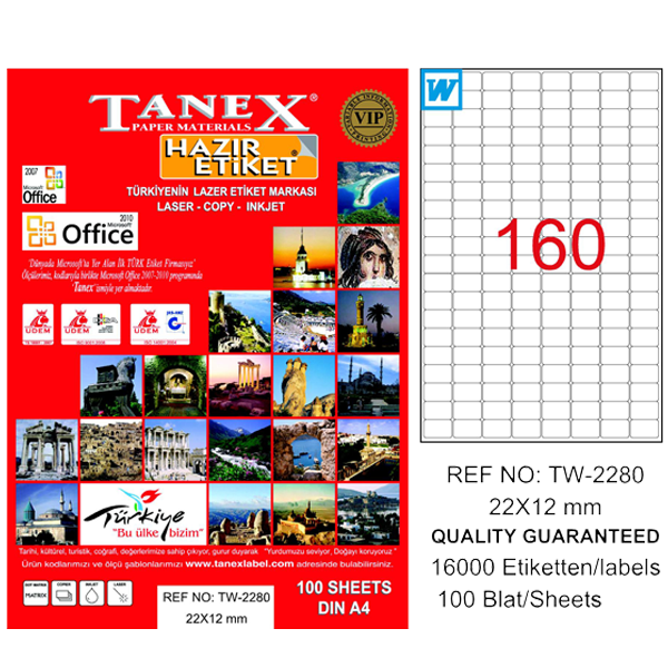 Tanex Laser Etiket 100 YP 22x12 MM Laser-Copy-Inkjet TW-2280