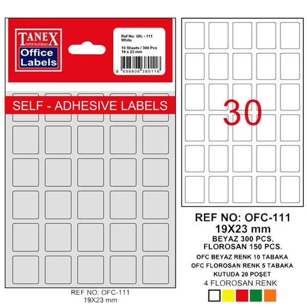 Tanex Ofis Etiketi Poşetli 19x23 MM Beyaz OFC-111