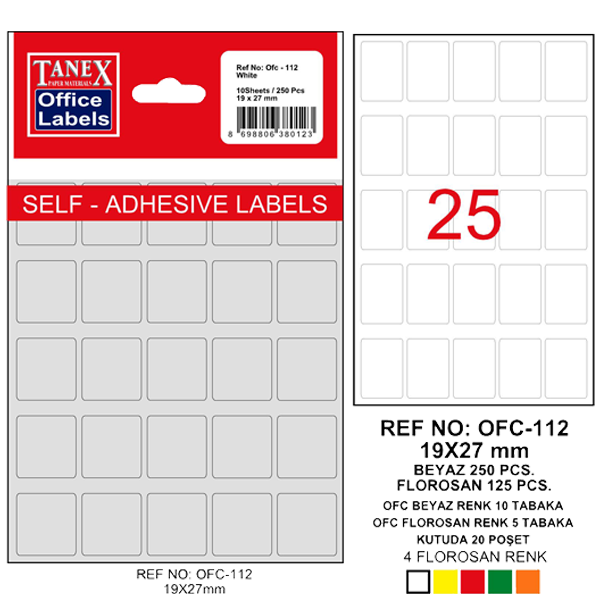 Tanex Ofis Etiketi Poşetli 19x27 MM Beyaz OFC-112