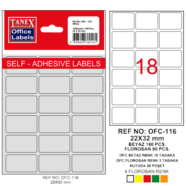 Tanex Ofis Etiketi Poşetli 22x32 MM Beyaz OFC-116