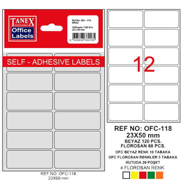 Tanex Ofis Etiketi Poşetli 23x50 MM Beyaz OFC-118