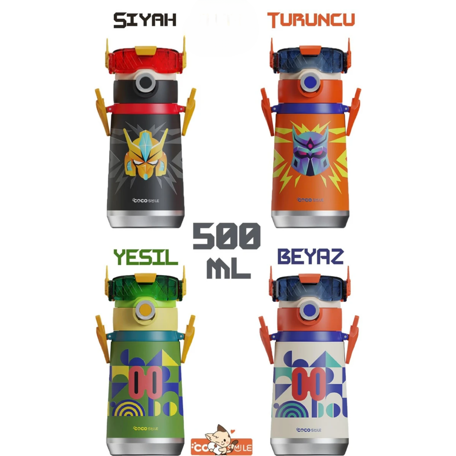 Vagonlife Cocosmile Özel Kutulu 500 ml Pipetli Çelik Termos Boyun Askılı 4 Farklı Robot Modeli CS0001Vagonlife Cocosmile Özel Kutulu 500 ml Pipetli Çelik Termos Boyun Askılı 4 Farklı Robot Modeli CS0001