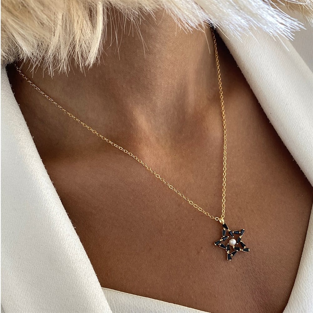 Minimal Basic Zincir Inci Detaylı Zirkon Taşlı Yıldız Kolye