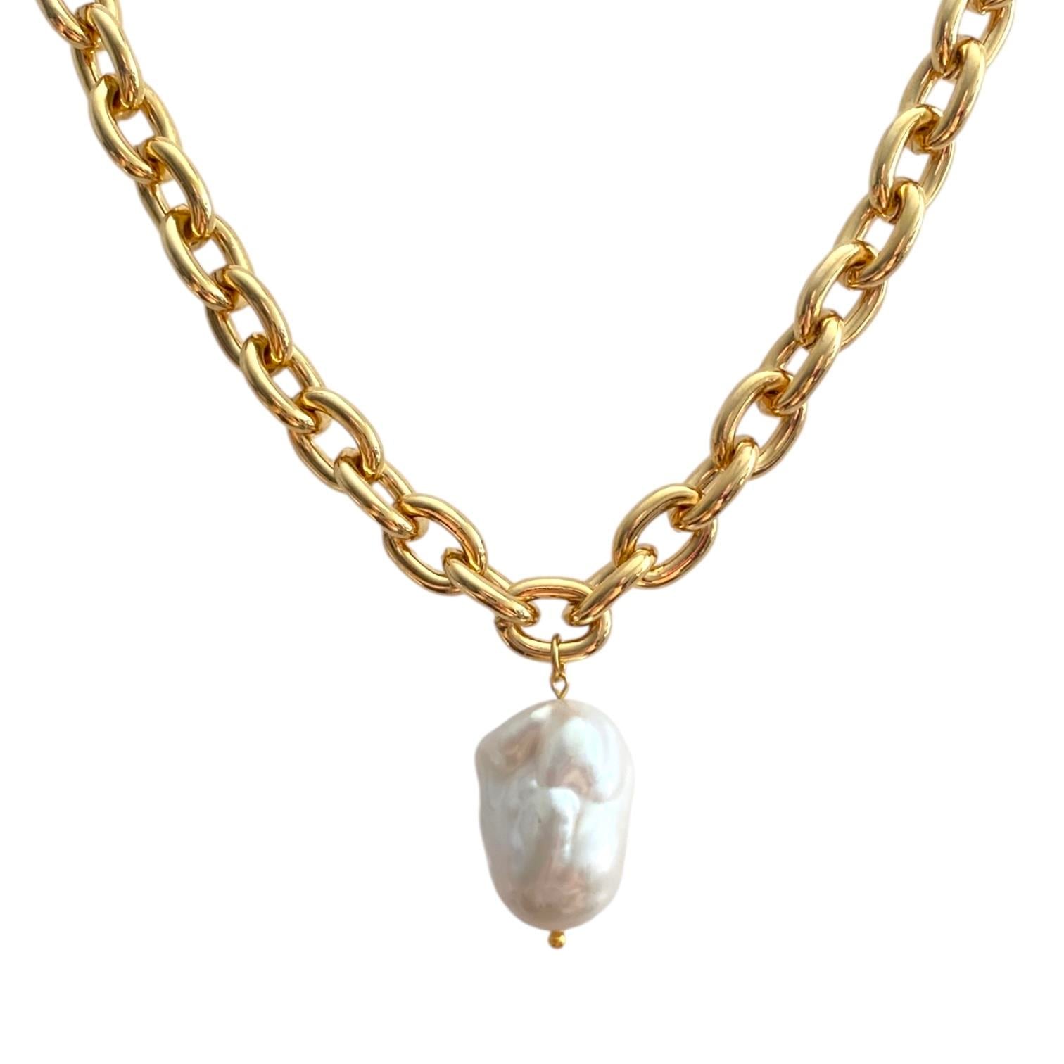 Oval Belcher Chain Barok İnci Kolye