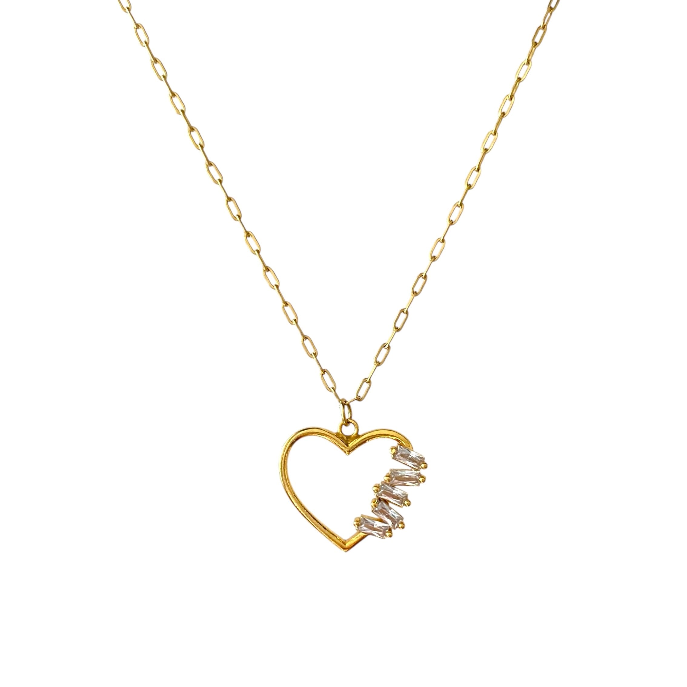 Çelik Baget Taşlı Kalp Kolye