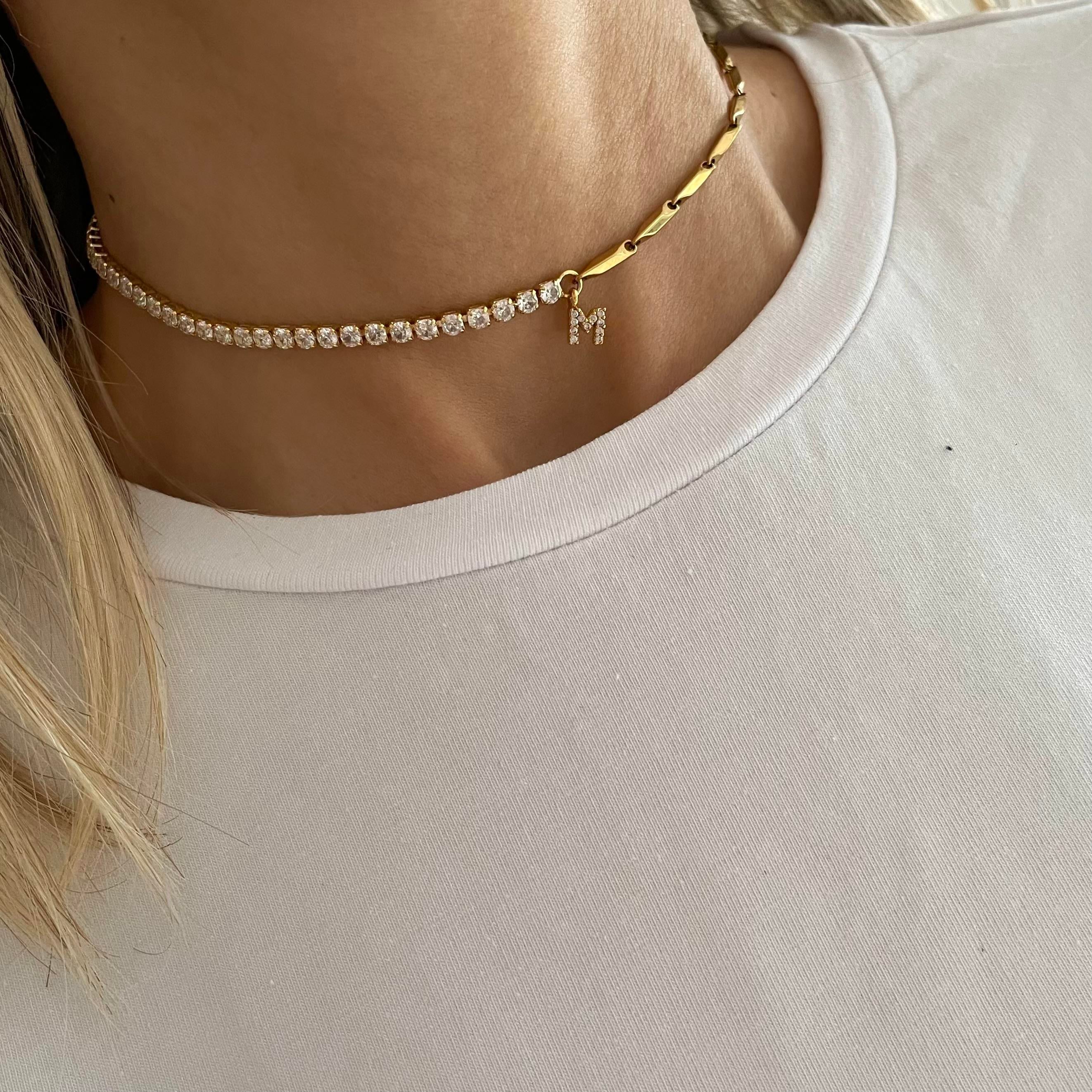 Çelik Zirkon Taşlı Kişiye Özel Harf Choker