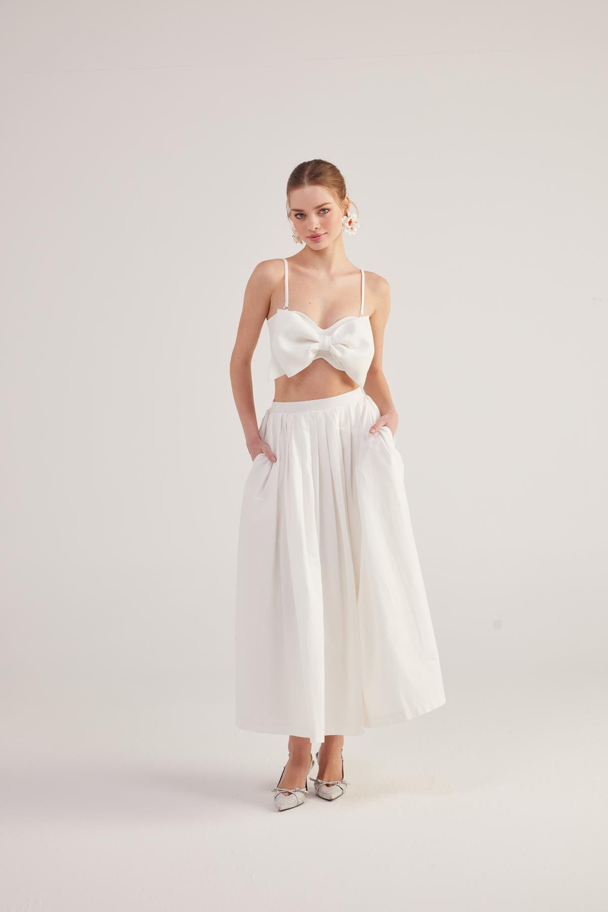 Beli Kemerli Cepli Astarlı Uzun Olivia Etek Beyaz