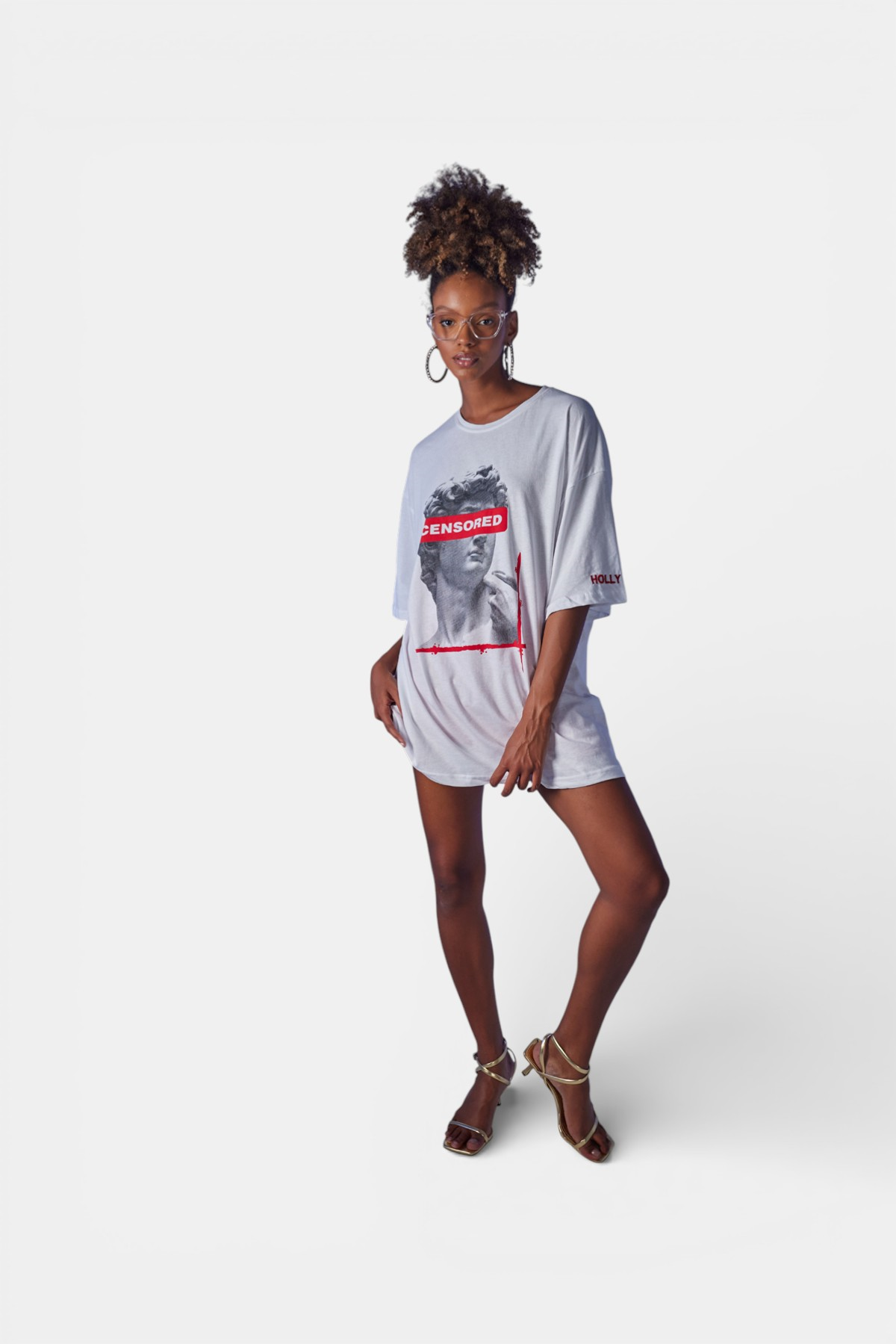 Oversize Baskılı Censored T-Shirt Beyaz