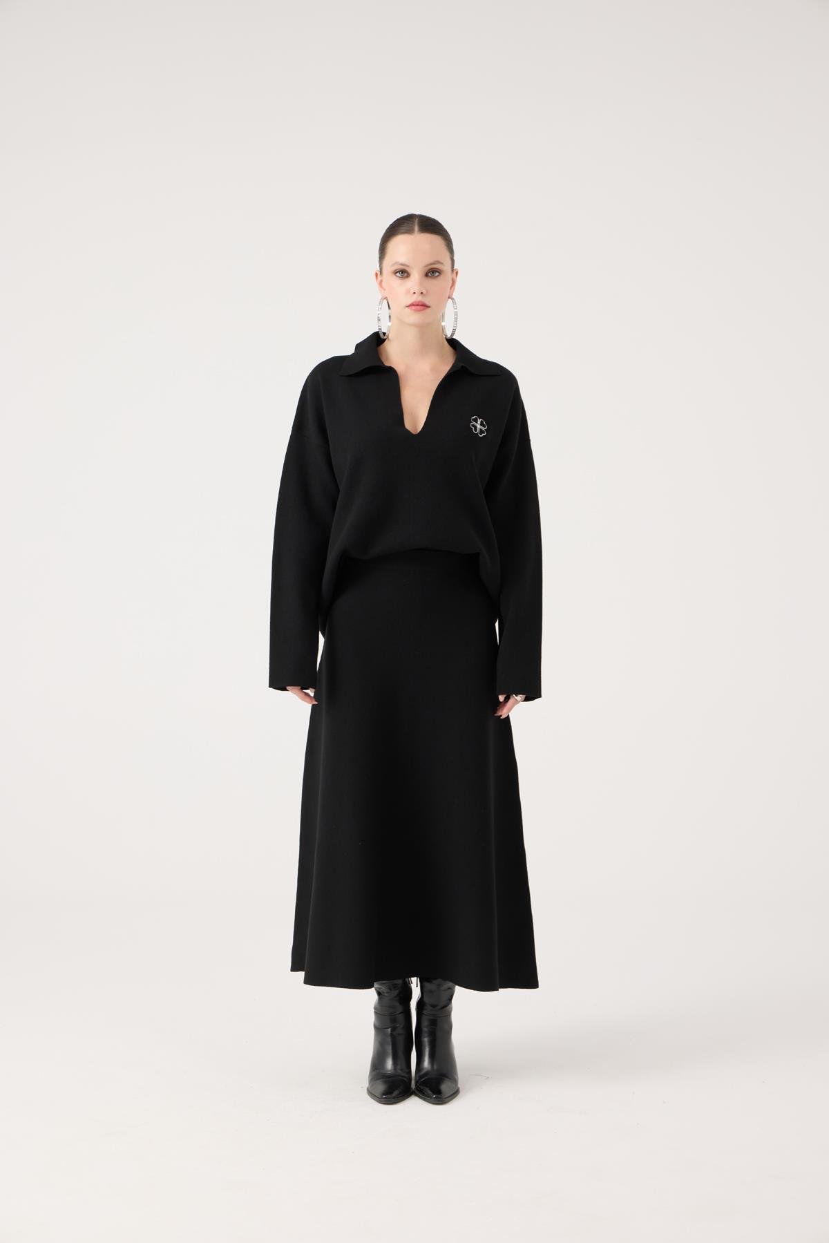 Oversize Kesim Polo Yaka Zoi Triko Kazak Siyah