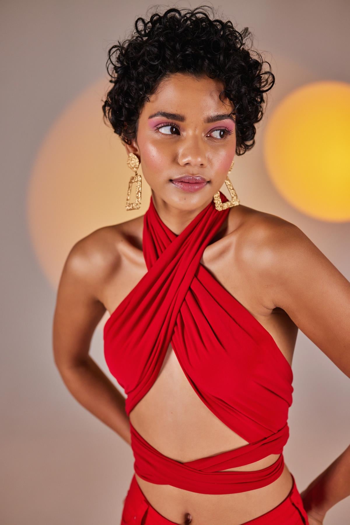 Crop Model Wrap Top Kırmızı