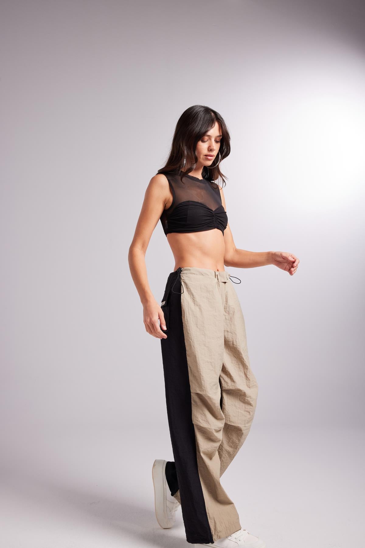 Bicolor Parachute Trousers Beige