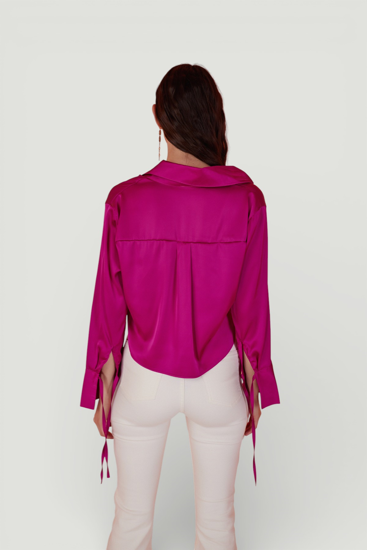 Özel Dokulu Saten Crop Silky Gömlek Pembe