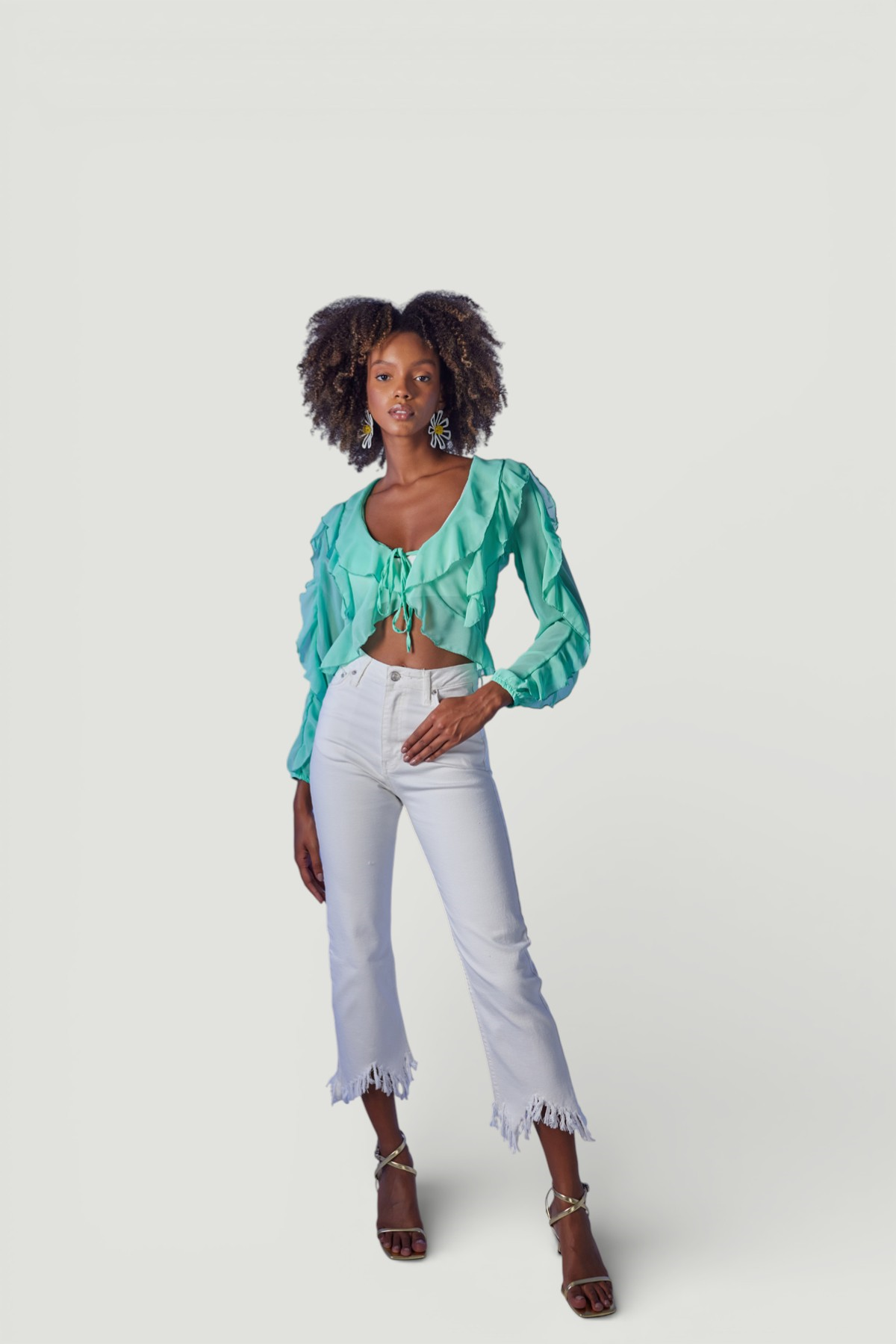 Crop Model Bağlamalı Kol Detaylı Elsa Bluz Yeşil