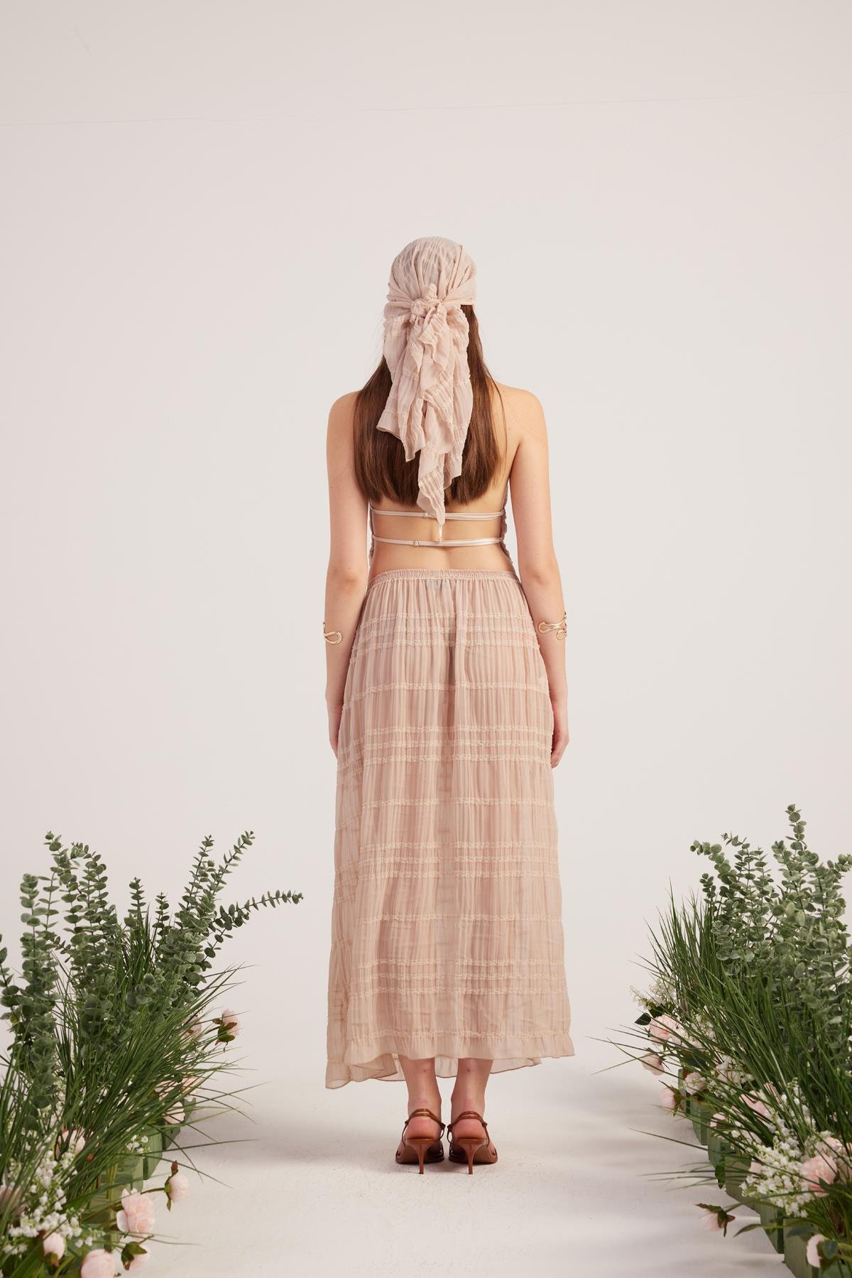 Şal Detaylı Etek Bluz Üçlü Bohemy Takım Bej