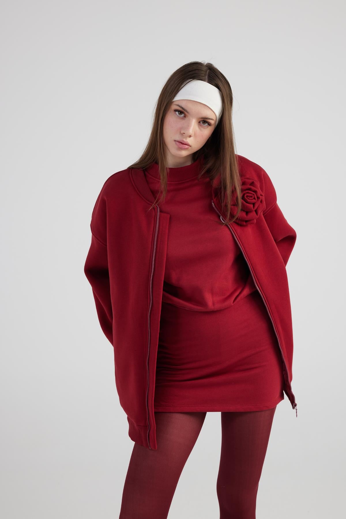 Oversize Çıkarılabilir Gül Detaylı Astarlı Alexa Bomber Ceket Bordo