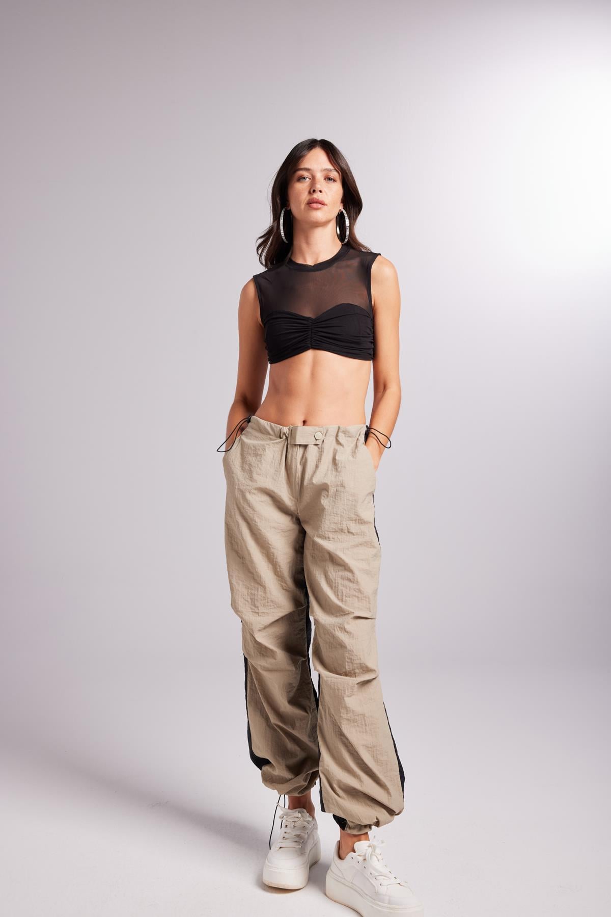 Bicolor Parachute Trousers Beige
