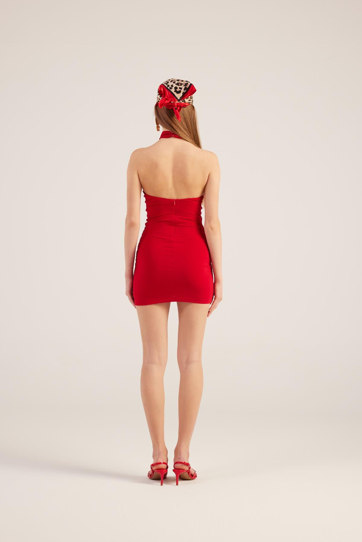 Halter Yaka Büzgülü Mini Perla Elbise Kırmızı