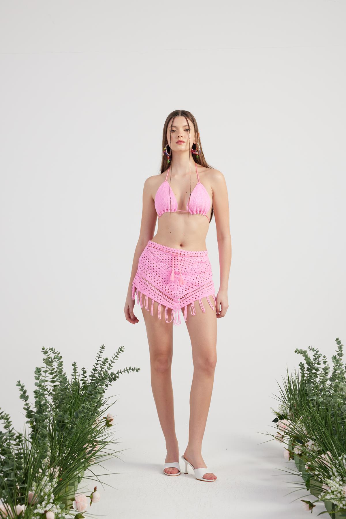 Desenli Bağlamalı Yazlık Alt Üst Chacha Triko Takım Pembe