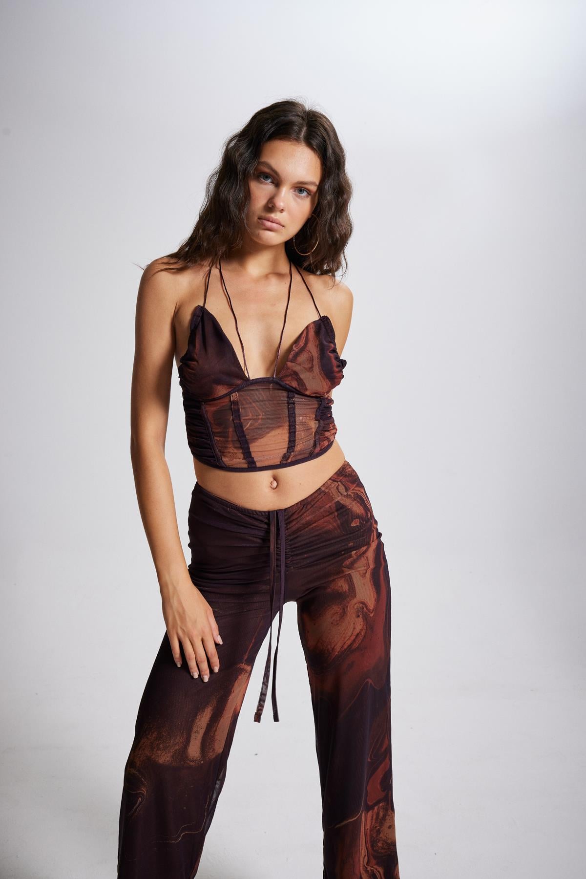 İp Bağlamalı Tül Sasha Bluz Kahve