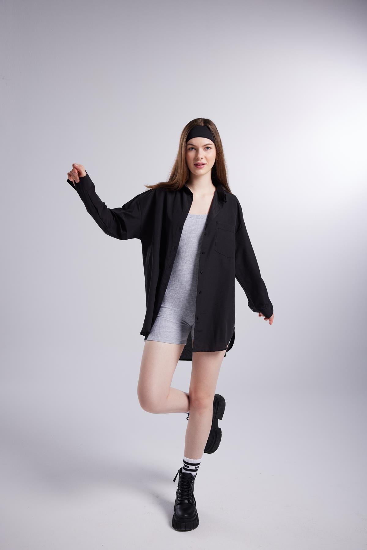 Cepli Oversize Kesim Lovesize Gömlek Siyah