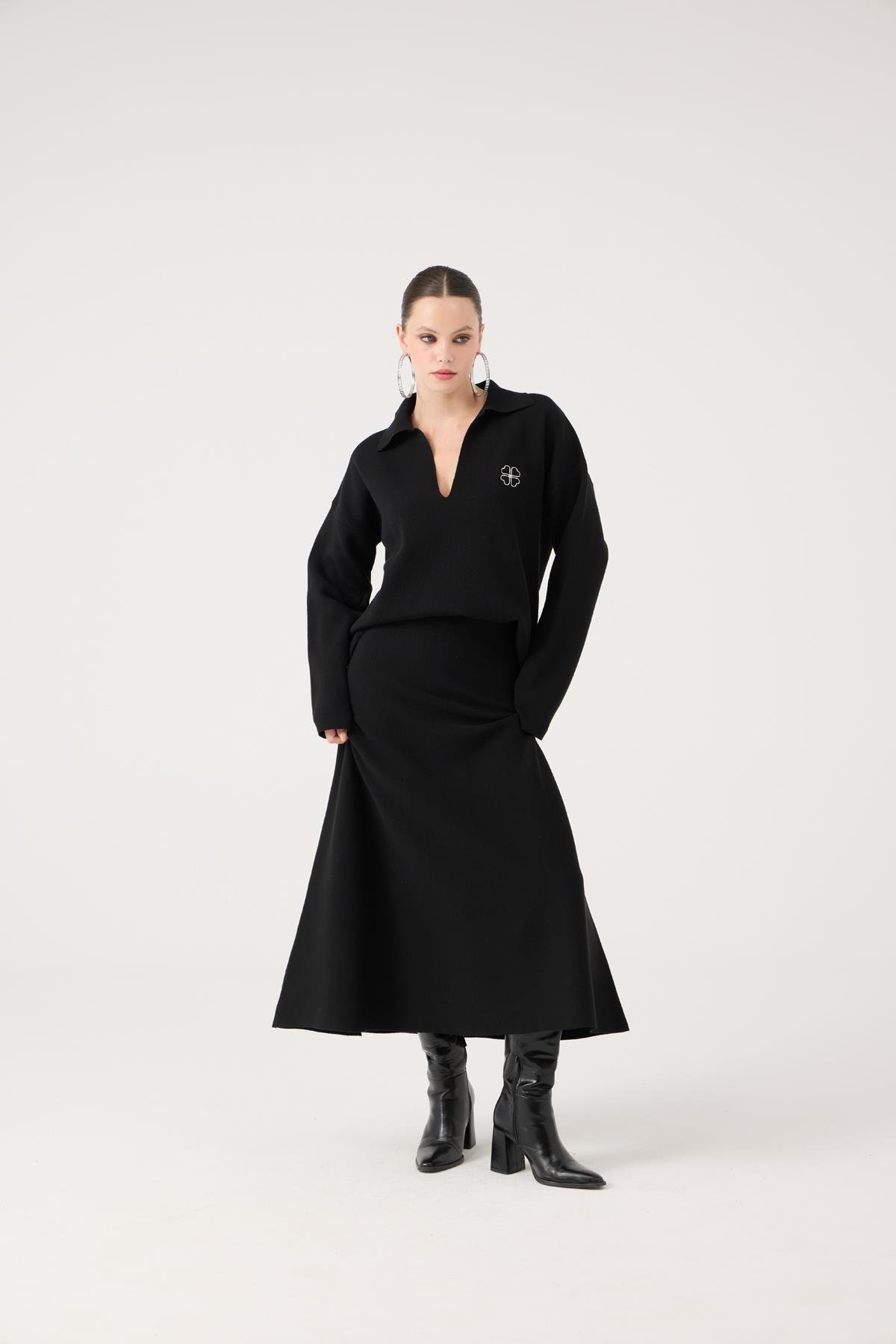 Oversize Kesim Polo Yaka Zoi Triko Kazak Siyah