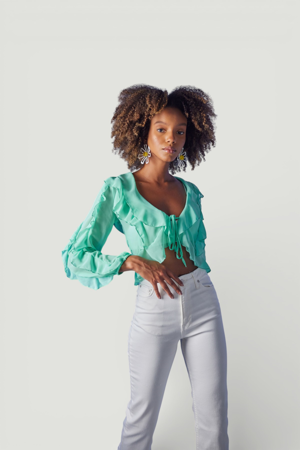 Crop Model Bağlamalı Kol Detaylı Elsa Bluz Yeşil