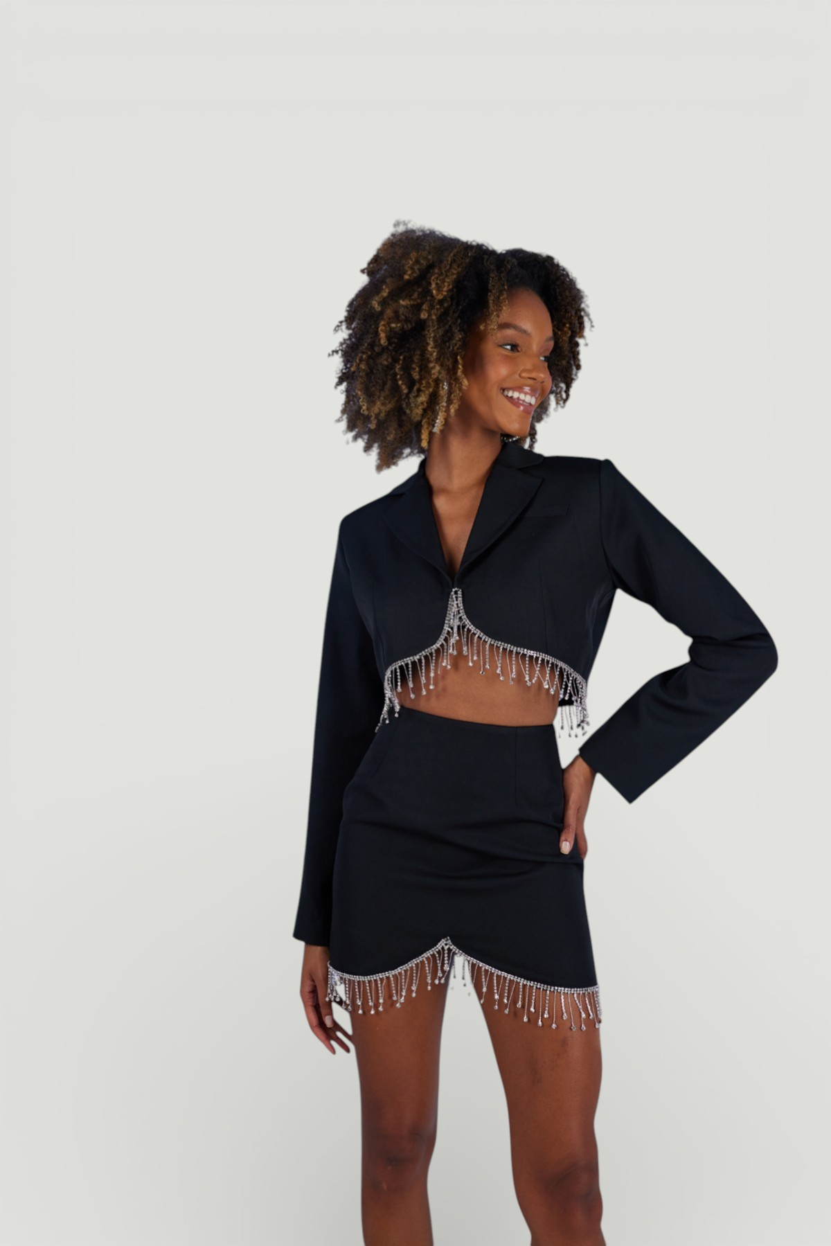 Taşlı Aksesuar Detaylı Astarlı Crop Spark Ceket Siyah