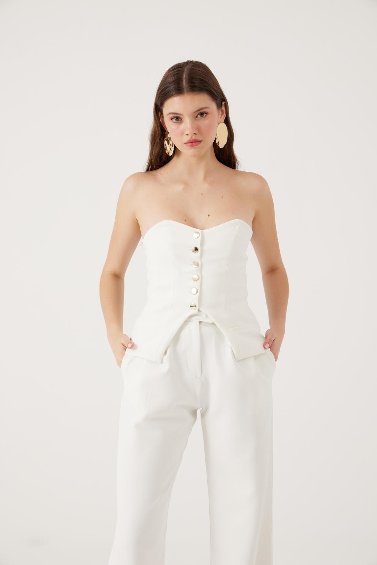 Düğmeli Straplez Kesim Harvey Bluz Beyaz