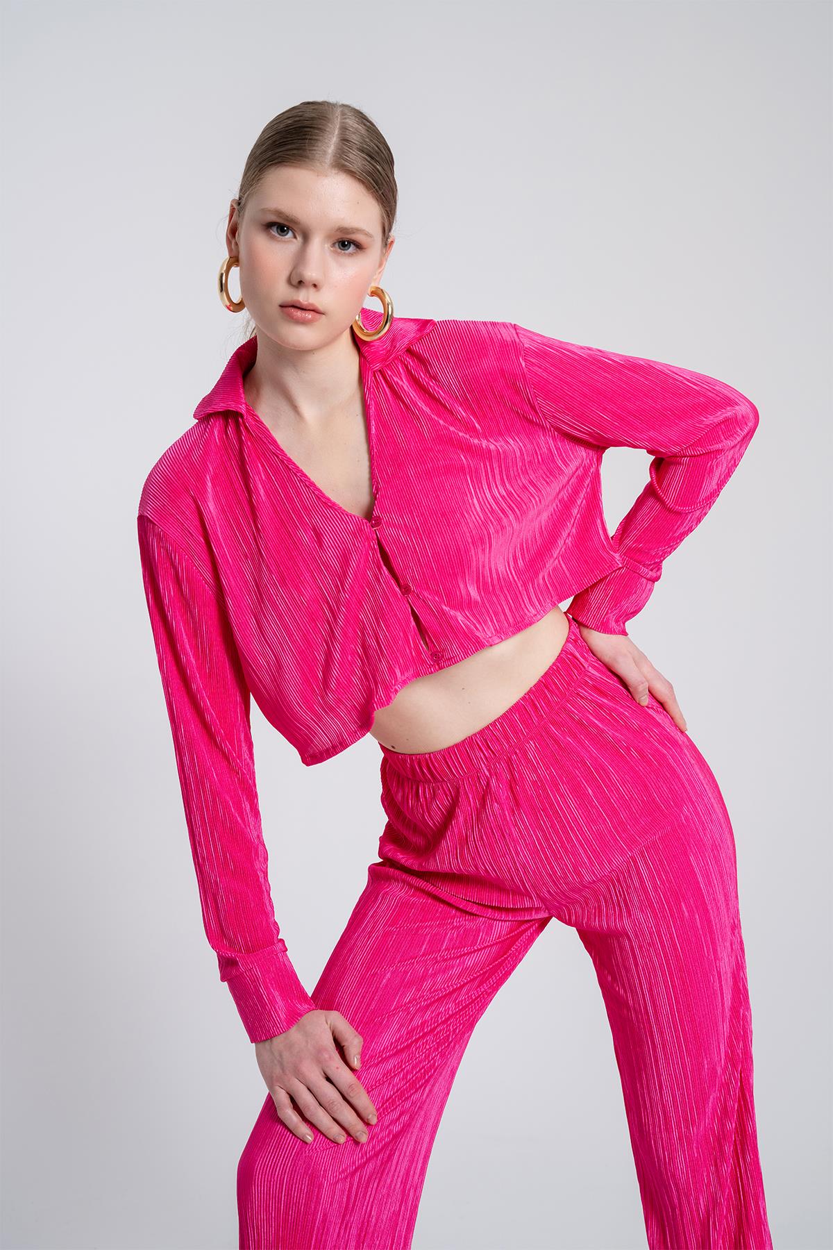 Crop Model Düğme Kapamalı Comfy Crop Gömlek Pembe