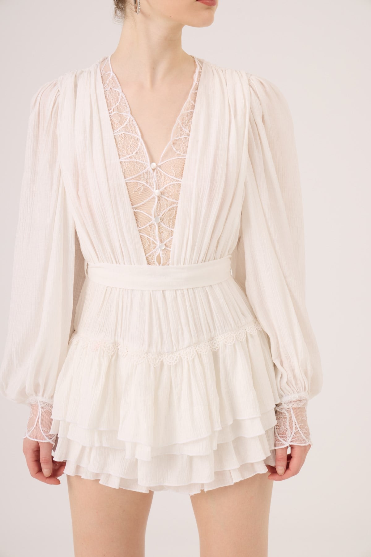 Dantel Detaylı Fırfırlı Olanna Elbise Beyaz