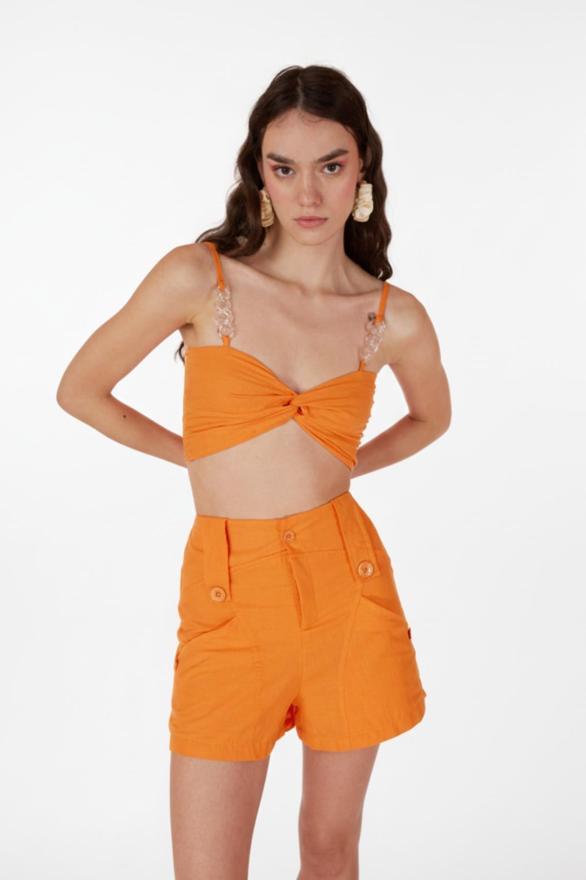 Koton Kumaş Şeffaf Rise Zincir Detaylı Bluz Turuncu