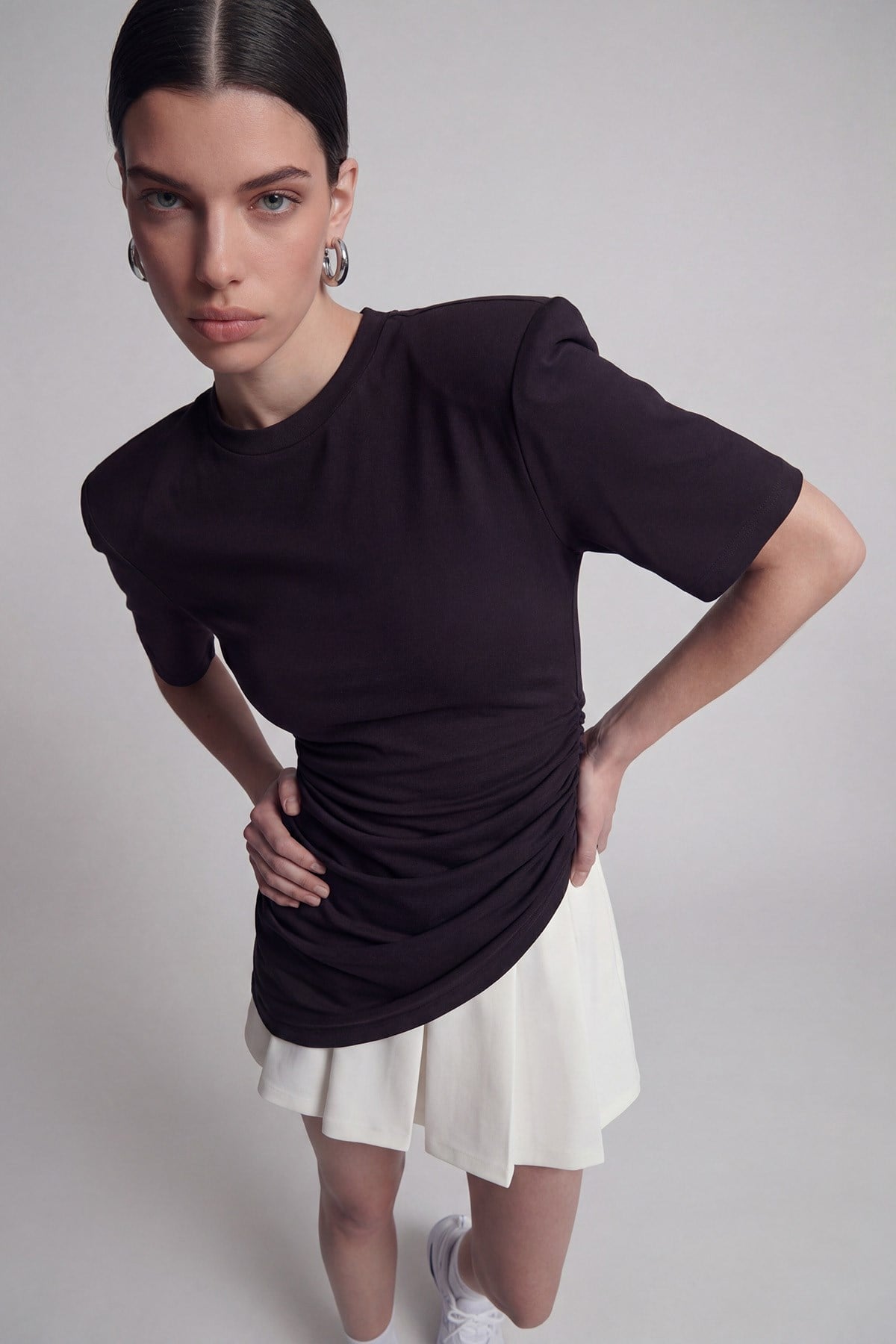 Demie T-Shirt with Gathered Detail and Padded Shoulders, Black
