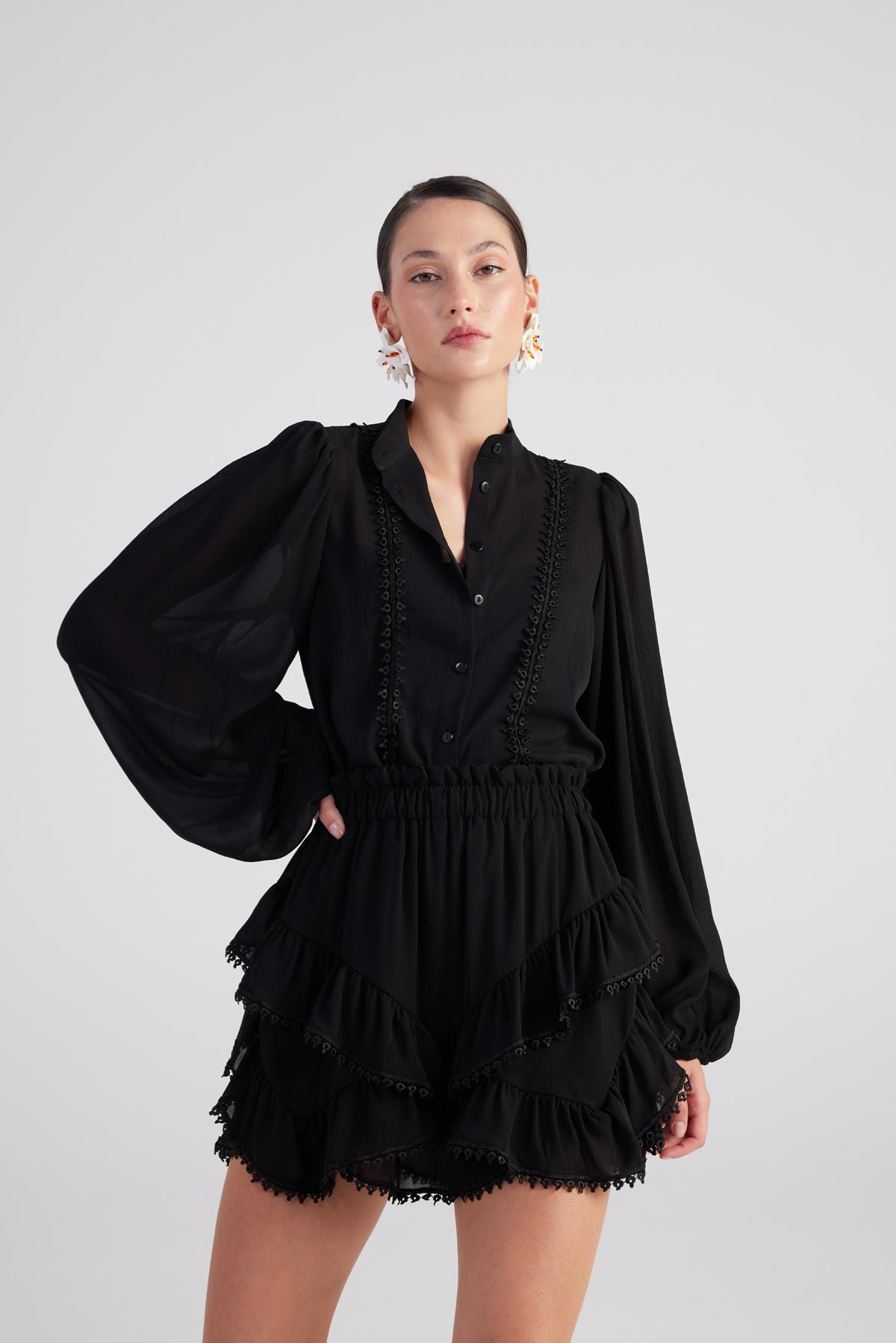 Brode Detaylı Atletli Pixie Gömlek Siyah